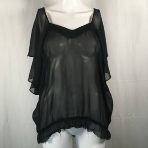 Natasha Gan Shirt Womens Sz 8 UK 12 Black Semi Sheer Flutter Sleeve Top